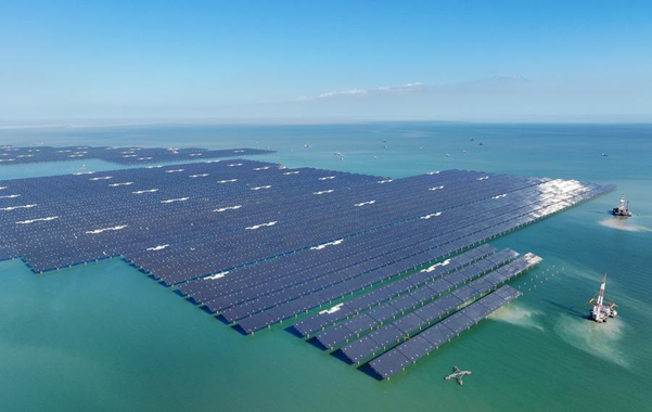 An aerial drone photo taken on Nov. 13, 2025 shows an offshore photovoltaic project in Dongying City, east China's Shandong Province. (Photo by Zhou Guangxue/Xinhua)