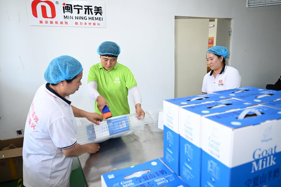 Staff members pack local products at a government-supported e-commerce workshop in Minning Town, Yongning County in Yinchuan, capital of northwest China's Ningxia Hui Autonomous Region, Aug. 13, 2025. (Xinhua/Wang Peng)