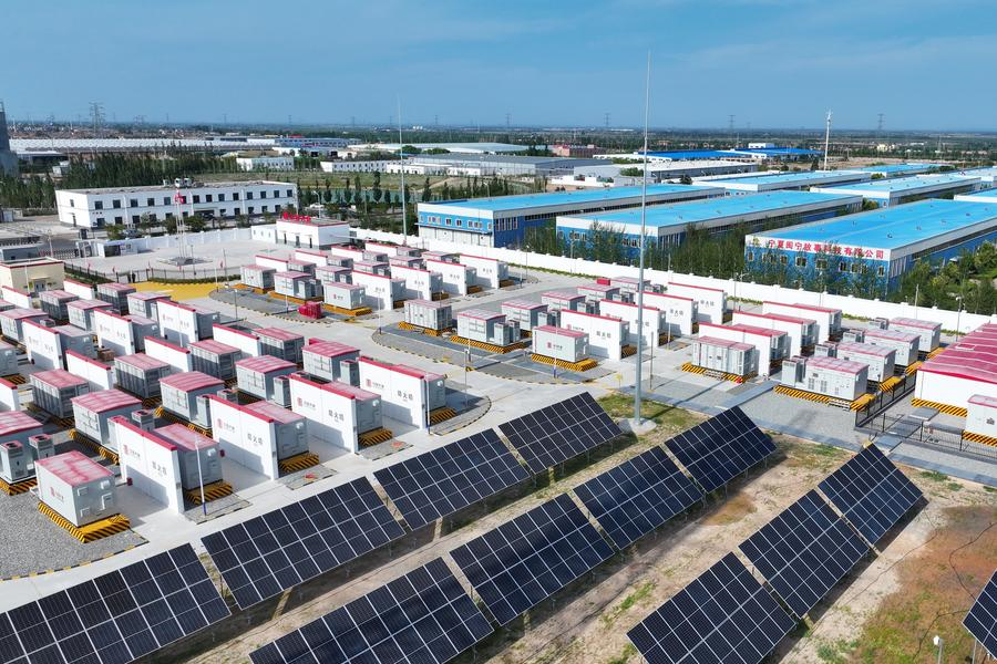 An aerial drone photo taken on July 30, 2025 shows a shared energy storage station of an industrial park in Minning Town, Yongning County in Yinchuan, capital of northwest China's Ningxia Hui Autonomous Region. (Photo by Yuan Hongyan/Xinhua)