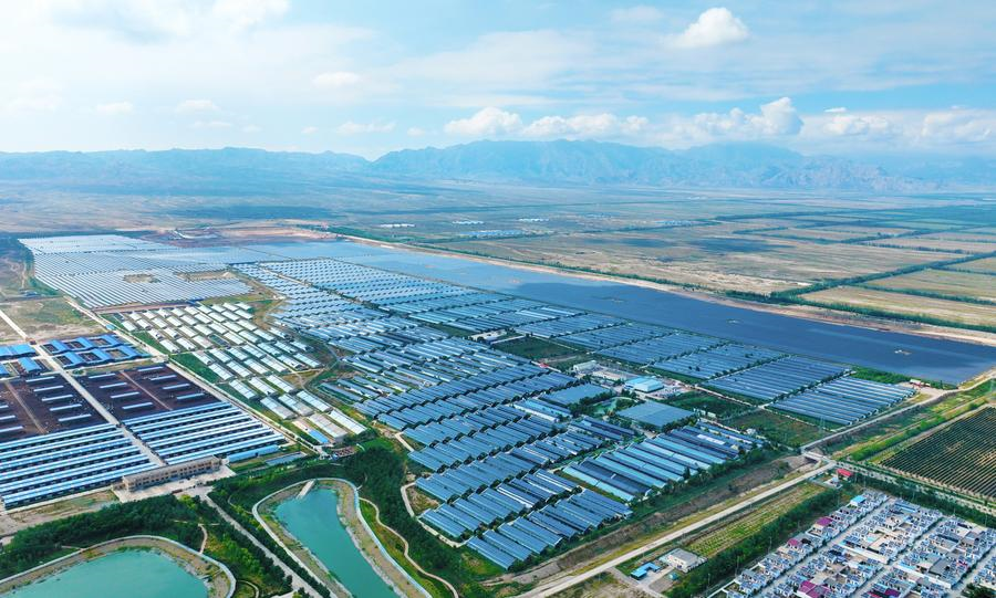An aerial drone photo taken on Aug. 7, 2024 shows a photovoltaic agricultural base in Yuanlong Village of Minning Town, Yongning County in Yinchuan, capital of northwest China's Ningxia Hui Autonomous Region. (Photo by Yuan Hongyan/Xinhua)